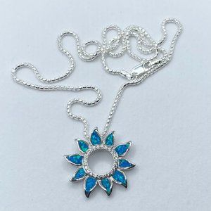 Sunflower Lab Blue Opal CZ Sterling Silver Necklace, Sunflower Necklace